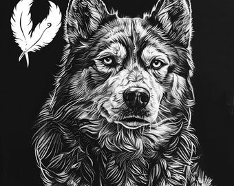 May include: A black and white line drawing of a wolf's head with a feather design in the top left corner.