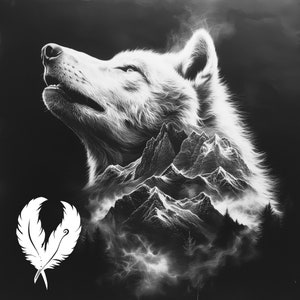 wolf and mountains png file for slate laser engraving, glowforge file, lightburn png, slate coaster drawing, for cnc router, wolf laser png