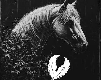 Puede incluir: Una imagen en blanco y negro de la cabeza de un caballo con un diseño de pluma blanca en primer plano.