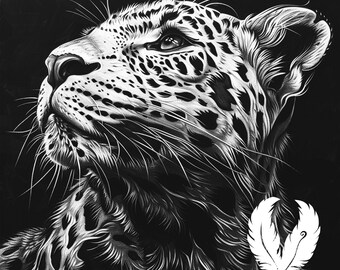 May include: A black and white illustration of a leopard's head with a single white feather behind it. The leopard's fur is detailed with spots and stripes.