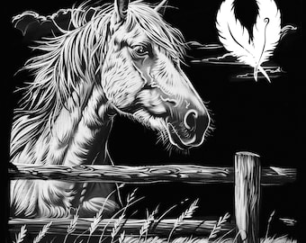 Puede incluir: Una ilustración en blanco y negro de la cabeza de un caballo con una valla y hierba en primer plano. Un diseño de pluma blanca está en el fondo.