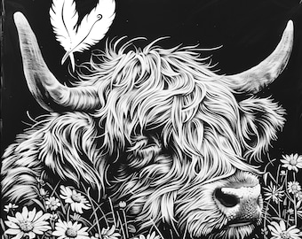 highland cow png file for slate laser engraving, glowforge file, lightburn png, slate coaster drawing, for cnc router, illusion laser png