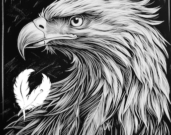 May include: A black and white illustration of an eagle's head with a single white feather in the foreground. The eagle's head is facing to the left and its eye is visible. The feather is slightly curved and has a delicate texture.