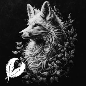 Puede incluir: Una ilustración en blanco y negro de la cabeza de un zorro con un diseño detallado e intrincado. El zorro está rodeado de hojas y enredaderas estilizadas.