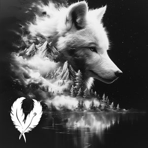 wolf and mountains png file for slate laser engraving, glowforge file, lightburn png, slate coaster drawing, for cnc router, wolf laser png