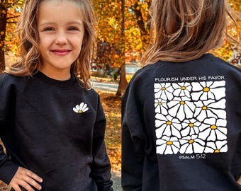 Flourish Under His Favor Kids Christian Shirts, Retro Christian Kids Christian Sweatshirt for Girl Youth, Jesus Bible Verse Sweatshirt