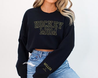Faux Glitter Hockey Mom Sweatshirt, Personalized Hockey Mom Shirt with Name on Sleeve, Gift for Hockey Mom Gift, Sparkle Hockey Mom Hoodie