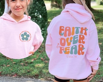 Felpa con cappuccio cristiana per bambini, Felpa con la scritta "La fede vince la paura" Salmo 118, Felpa da chiesa per ragazze