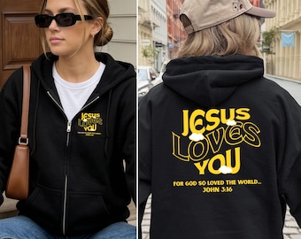 Felpa con cappuccio Jesus Loves You – Felpa con cappuccio cristiana con cerniera – Felpa con cappuccio Giovanni 3:16
