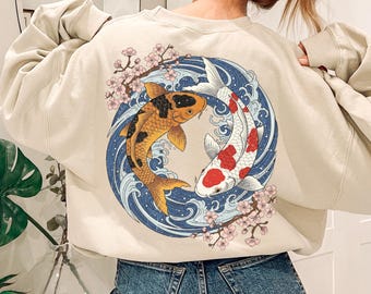 Vintage Japanese Koi Fish Shirt, Nautical Animal Asian Art Nouveau Japan Shirt, Koi And Sakura Sweatshirt, Vintage Fish Hoodie