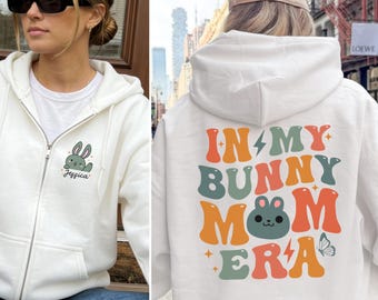 Felpa con cappuccio e zip "In My Bunny Mom Era", felpa personalizzata per mamme di conigli, giacca con cappuccio personalizzata per proprietari di conigli, regalo retrò per amanti degli animali domestici