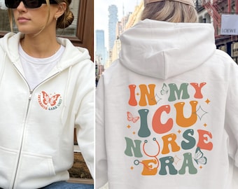 Felpa con cappuccio e zip "In My ICU Nurse Era", felpa personalizzata per unità di terapia intensiva, giacca con cappuccio personalizzata in stile groovy per infermieri, regalo per infermieri di terapia intensiva