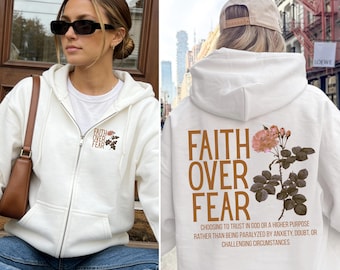 Felpa con zip "Faith Over Fear", felpa con grafica ispiratrice cristiana