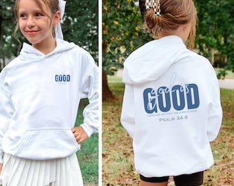 Sudadera infantil con versículo bíblico cristiano «Dios es bueno», Sudadera con el versículo del Salmo 34:8, Ropa infantil con mensaje religioso, Regalo religioso