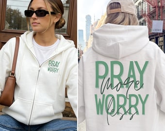 Felpa con cappuccio Pray More Worry Less, felpa con cappuccio cristiana per donna, felpa basata sulla fede