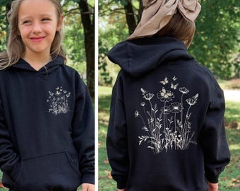 Girls Wildflower Hoodie, Butterfly Floral Kids Hoodie, Cottagecore Nature Hoodie