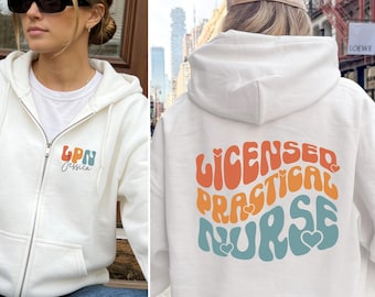 Felpa con cappuccio e zip personalizzata per infermiere/a pratico/a autorizzato/a, felpa personalizzata per infermiere/a pratico/a autorizzato/a, giacca con cappuccio retrò da infermiere/a
