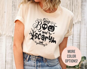 Sagen Sie Boo und beängstigendes Halloween-Shirt, Halloween-Horror-Shirt, gruselige Jahreszeit, Halloween-Shirt, Kürbis-Hexe-Grafik-T-Stück, Boo und Sacry Shirt