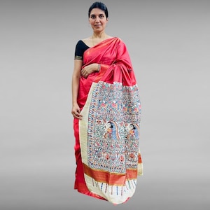 Pure Tussar Ghicha Silk Saree with Hand-Painted Madhubani Art