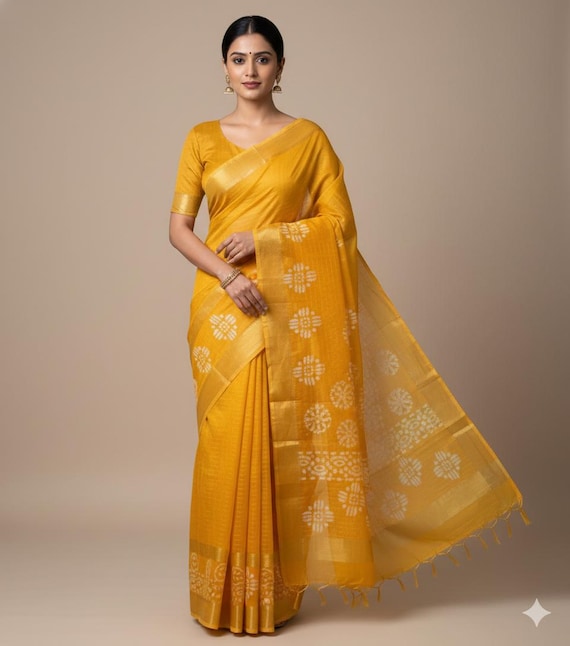 Grand Coupon De Soie Batik - Ancien Sari Indien Vintage - 5 Mètres, Orange/Beige - Parfait Pour L'Artisanat
