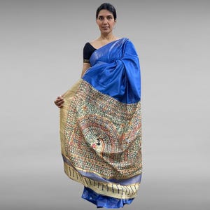 Pure Tussar Ghicha Silk Saree with Hand-Painted Madhubani Art