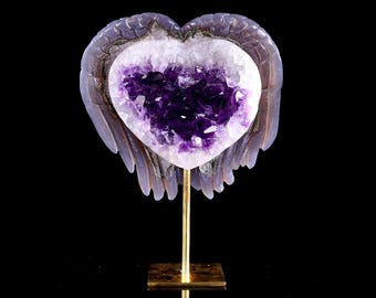 Amethyst Druse Agate Angel Wings Sculpture: Hand Carved Crystal Decor