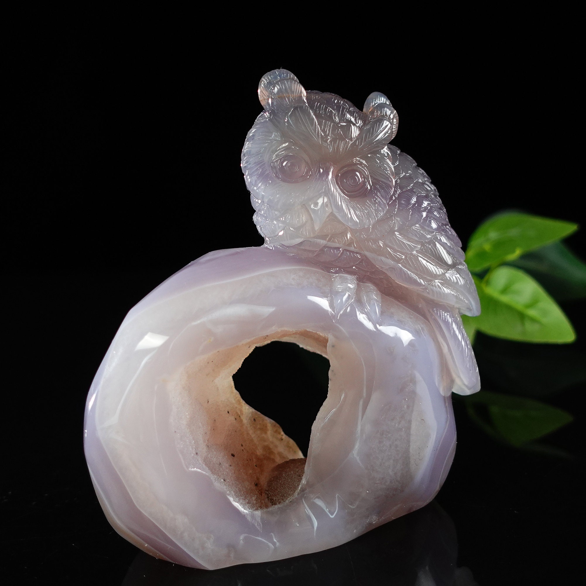 Hand Carved White Crystal Owl Figurine: Geode Druzy Home Decor