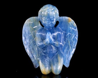 Escultura de ángel de cristal de ónix azul: decoración para el hogar tallada a mano (7,4 cm)
