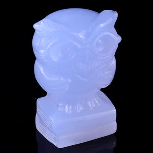 1.9” Natural Blue Chalcedony Hand Carved Crystal Owl Sculpture, Unique Crystal Carving for Home Decor & Collectors, Handcrafted Gift