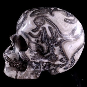 3.0” Natural Black Crazy Lace Agate Hand Carved Crystal Skull Sculpture,Unique Crystal Carving for Home Decor, Handcrafted Gift