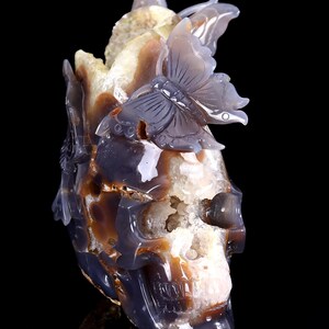 6.9” Natural Geode Agate Hand Carved Crystal Butterfly and Skull Sculpture,Unique Crystal Carving for Home Decor, Handcrafted Gift