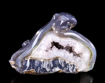 6.0” Natural Geode Hand Carved Crystal Octopus Sculpture, Unique Crystal Carving for Home Decor & Collectors, Handcrafted Gift