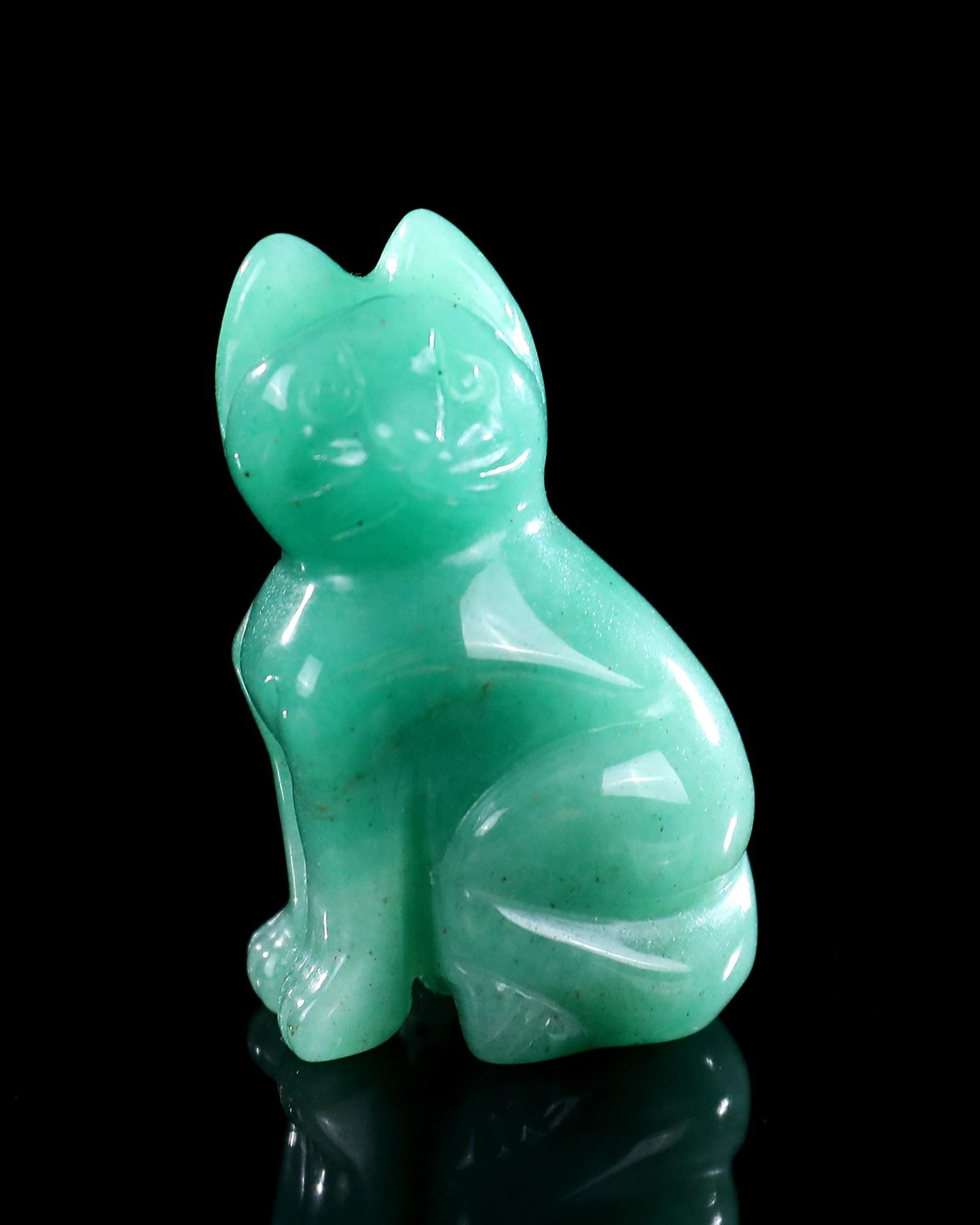 グリーンアベンチュリンクリスタルの猫の彫刻：手彫りのホーム