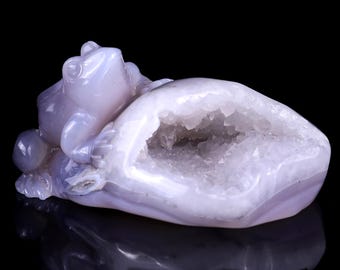 3.7” Natural Geode Agate Hand Carved Crystal Frog Sculpture,Unique Crystal Carving for Home Decor, Handcrafted Gift