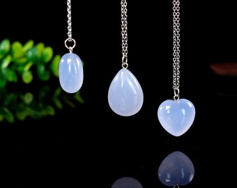 20mm Natural Blue Chalcedony Crystal Heart Necklace , Oval, and Drop Shaped Pendants Necklace - Gemstone Healing Jewelry Gift