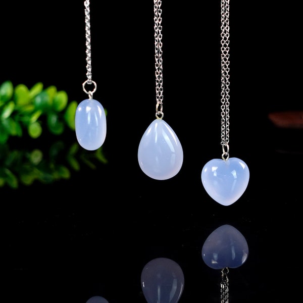 Blue Chalcedony Crystal Pendant Necklace: Heart, Oval, Drop - Healing Gemstone