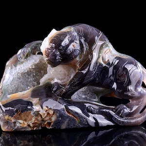 9.8” Natural Geode Agate Hand Carved Crystal Tiger Sculpture, Unique Crystal Carving for Home Decor & Collectors, Handcrafted Gift