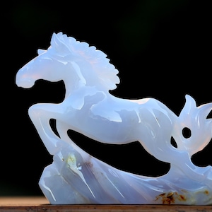 4.7” Natural Blue Chalcedony Hand Carved Crystal Horse Sculpture, Unique Crystal Carving for Home Decor & Collectors, Handcrafted Gift