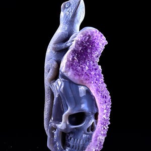 May include: A carved agate skull with a purple amethyst geode behind it. A small lizard is perched on top of the skull.
