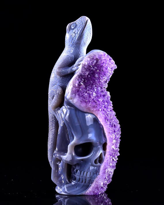 Unique 7.9" Amethyst Geode Crystal Skull with Lizard, Handcrafted Natural Purple Druzy Fine Art Sculpture, Home Decor, Gift