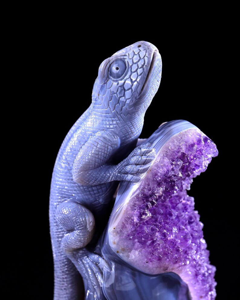 May include: A blue agate lizard sculpture perched on a purple amethyst geode. The lizard is carved in detail and has a realistic appearance. The amethyst geode is a natural crystal formation with a beautiful purple colour.