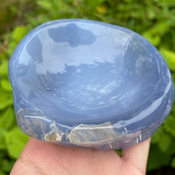 Hand Carved Blue Chalcedony Bowl, Nice Blue Agate Crystal Bowl Carvings