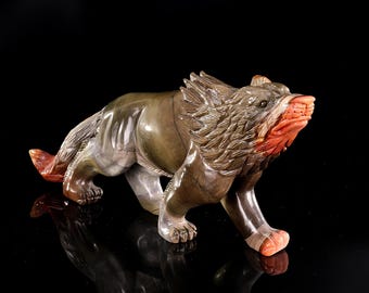 Hand Carved Colorful Jasper Crystal Wolf Sculpture: 13.2" Home Decor