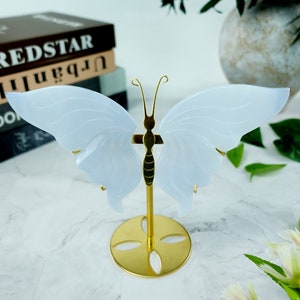 Natural Handmade Carved Blue Chalcedony Crystal Healing Butterfly Wings, Butterfly Wings Carved, Crystal Wings, Crystal Gift+Free Stand