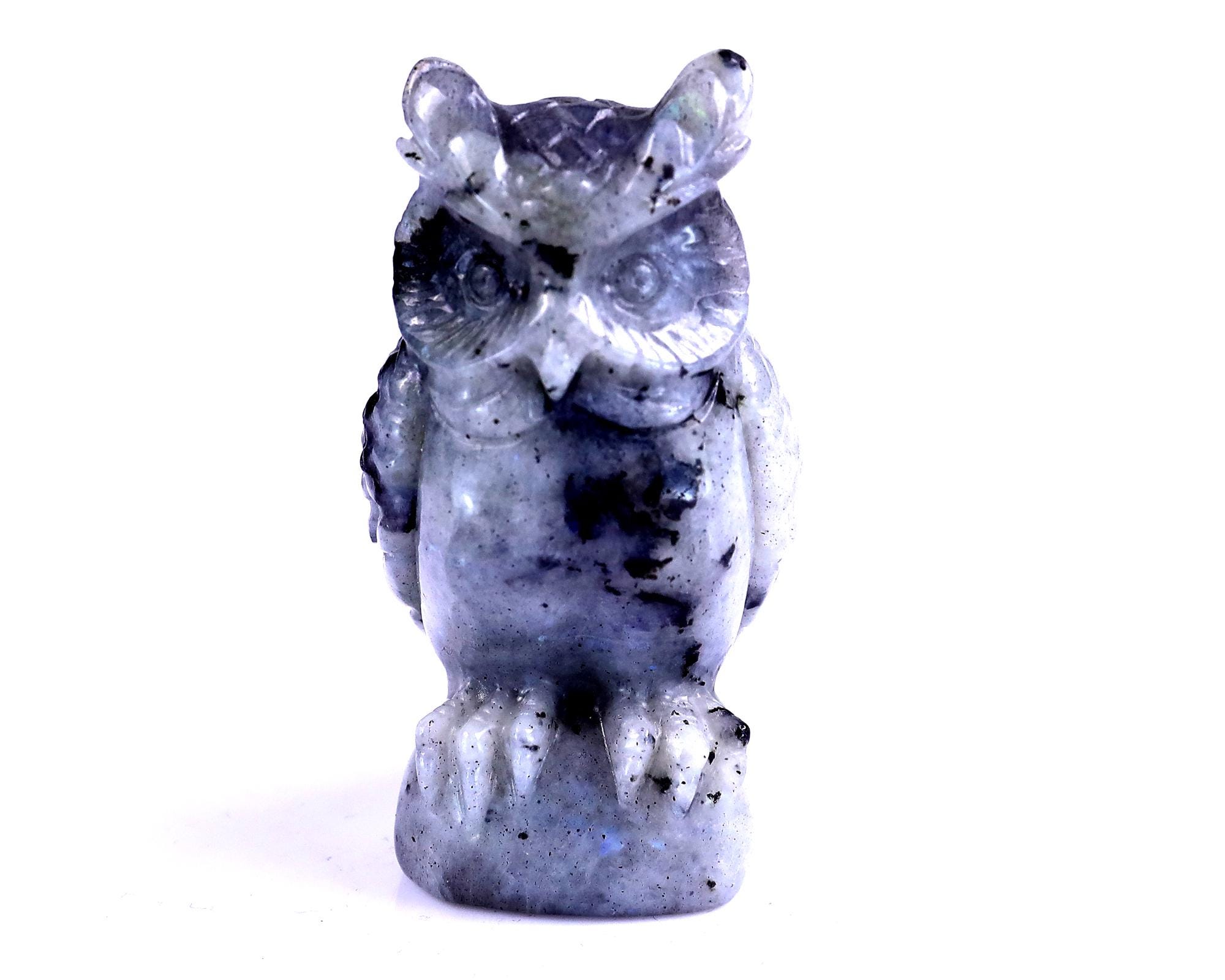 Labradorite Crystal Owl Sculpture: Hand Carved Home Decor (3.1")