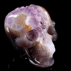 Amethyst Geode Crystal Skull Sculpture: Hand Carved Agate, 6&quot; Home Decor