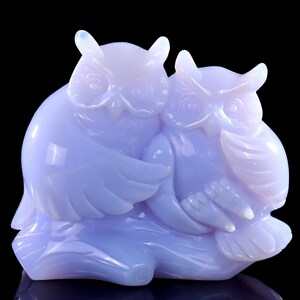 4.4&quot; Natural Blue Chalcedony Hand Carved Crystal Owls Sculpture, Unique Crystal Carving,  Home Decor & Collectors, Handcrafted Gift