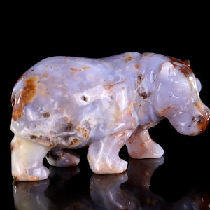 3.9” Natural Blue Chalcedony Hand Carved Crystal Hippo Sculpture, Unique Crystal Carving for Home Decor & Collectors, Handcrafted Gift