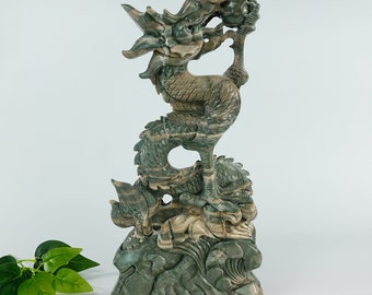 13" Realistic Dragon Statue Natutal Crystal Stone Nine Dragon Jade, Hand Carvings Statue, Home Tabletop Decor, Reiki Healing, Fantasic Gift