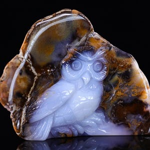 4.3” Natural Blue Chalcedony Hand Carved Crystal Owl Sculpture,Unique Crystal Carving for Home Decor, Handcrafted Gift